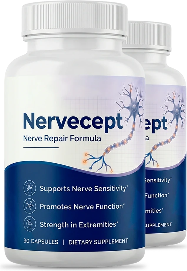 Two white Nervecept bottles with navy labels, a drawn nerve cell and the words Nervecept, Nerve Repair Formula, 30 Capsules