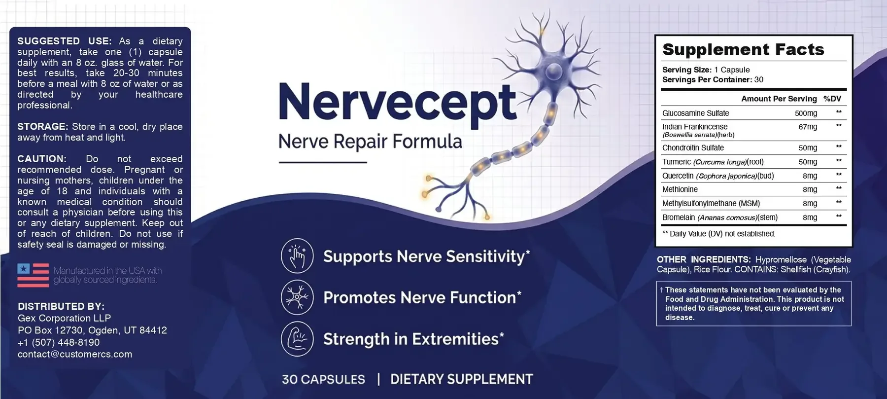 The flat Nervecept label: suggested use, storage and caution on the left, the Nervecept name and three claims in the middle, the Supplement Facts panel on the right