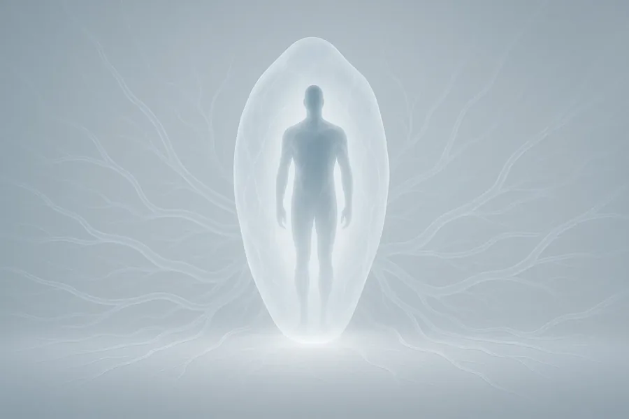 A faint human outline inside a glowing oval