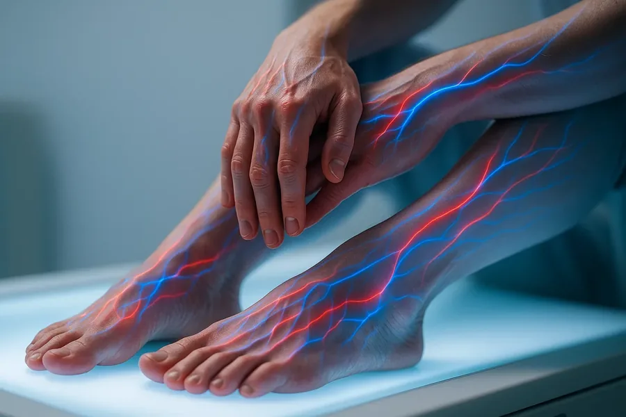 A person holding their feet, with red and blue lines drawn over the skin