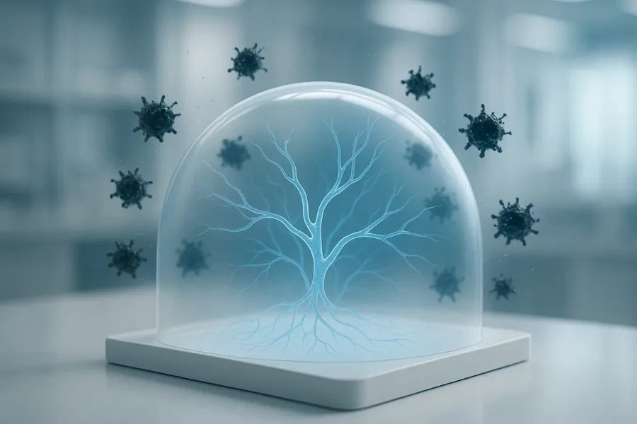 A glass dome over a glowing tree-like nerve, surrounded by dark spiky shapes