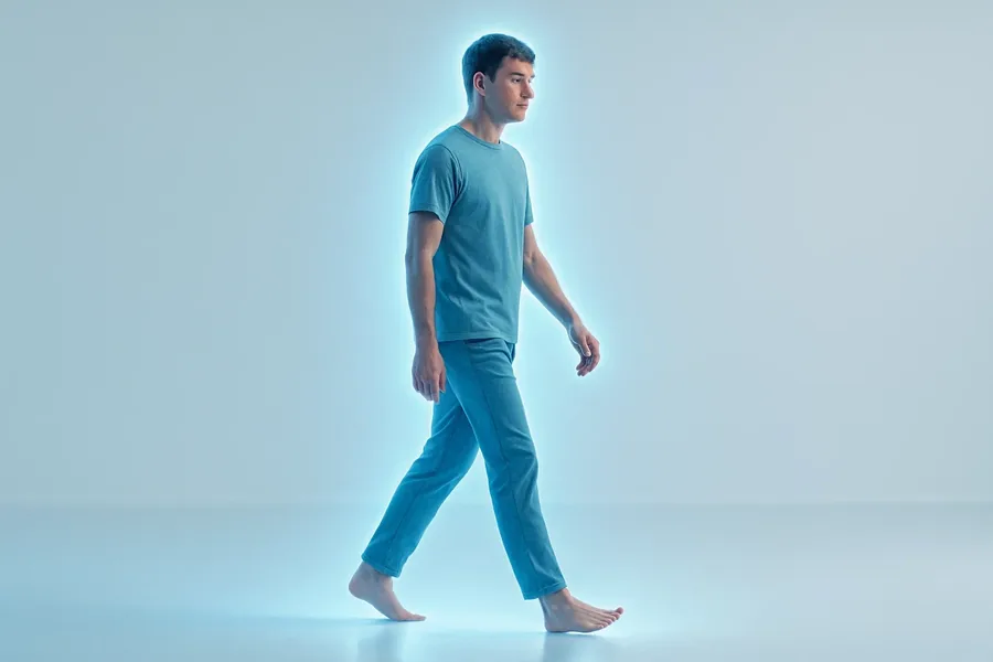 A person walking, outlined in a blue glow